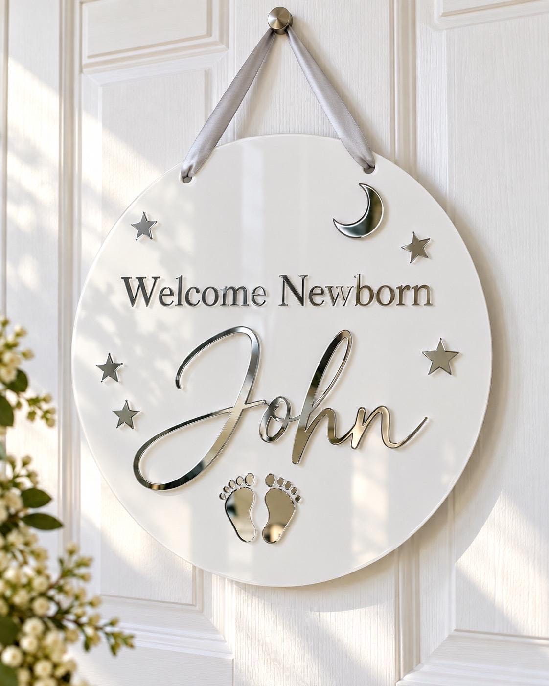 Personalized Acrylic Baby Name Sign, Mirror Gold Nursery Door Plaque (12" Diameter)