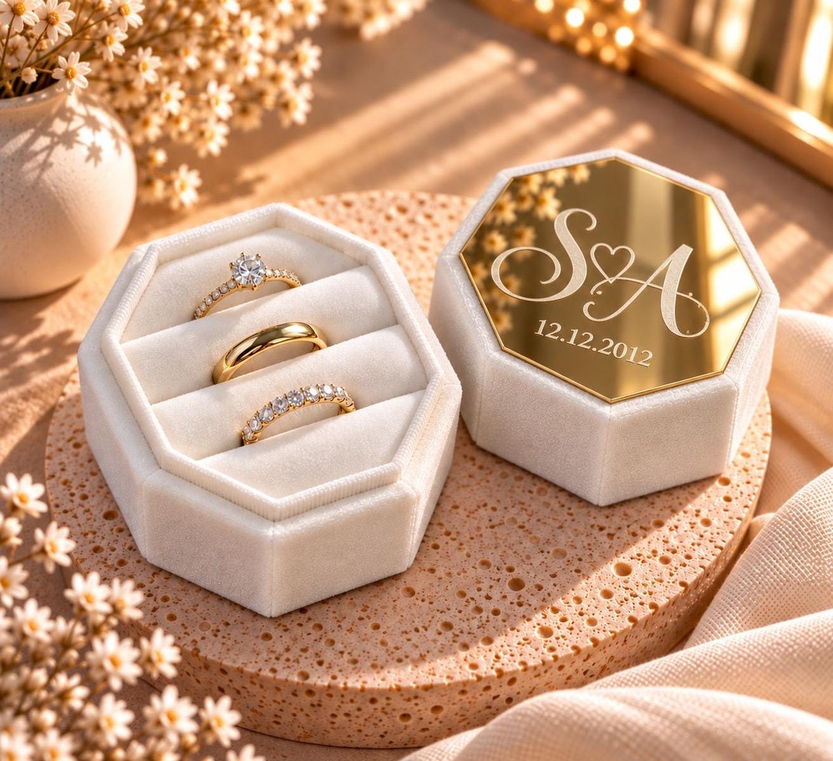 Personalized Velvet Ring Box, Custom Engraved Acrylic, 3-Slot Wedding Ring Holder