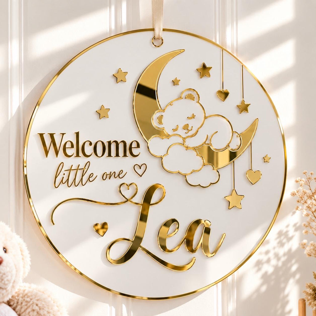 Personalized Acrylic Baby Name Sign, Mirror Gold Nursery Door Plaque (12" Diameter)