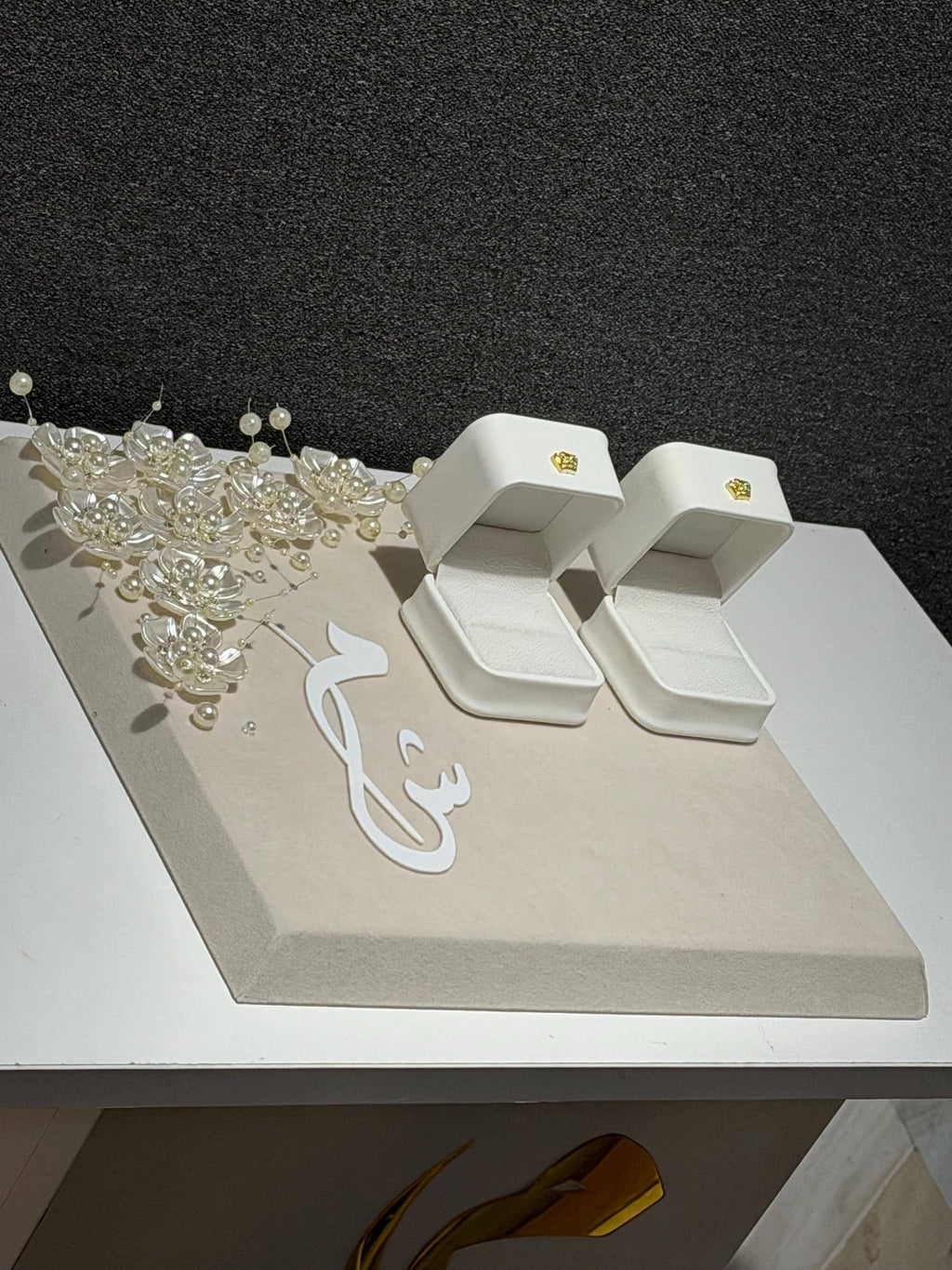 Personalized luxury modern engagement Velvet Ring Tray stand, Custom Wedding Keepsake .