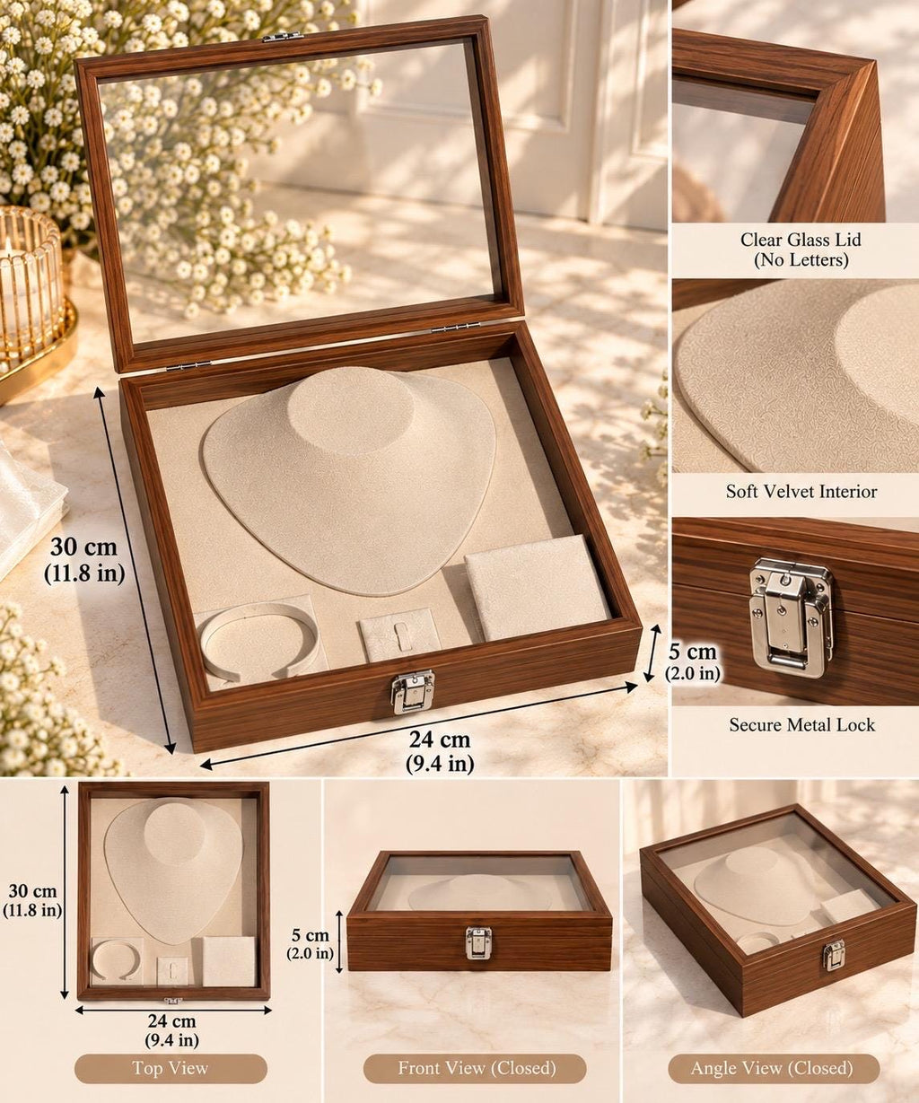 Personalized Wooden Jewelry Box, Glass Lid, Velvet Interior, Arabic Name (Bride Gift)