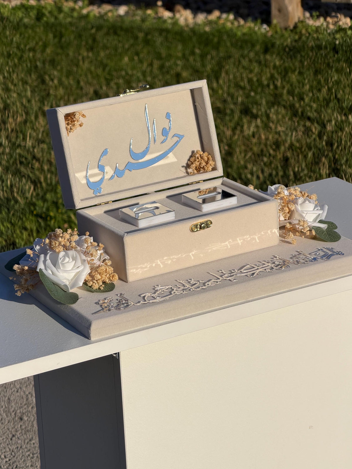 Personalized luxury Velvet Engagement ring  gift Tray, Custom Wedding Keepsake