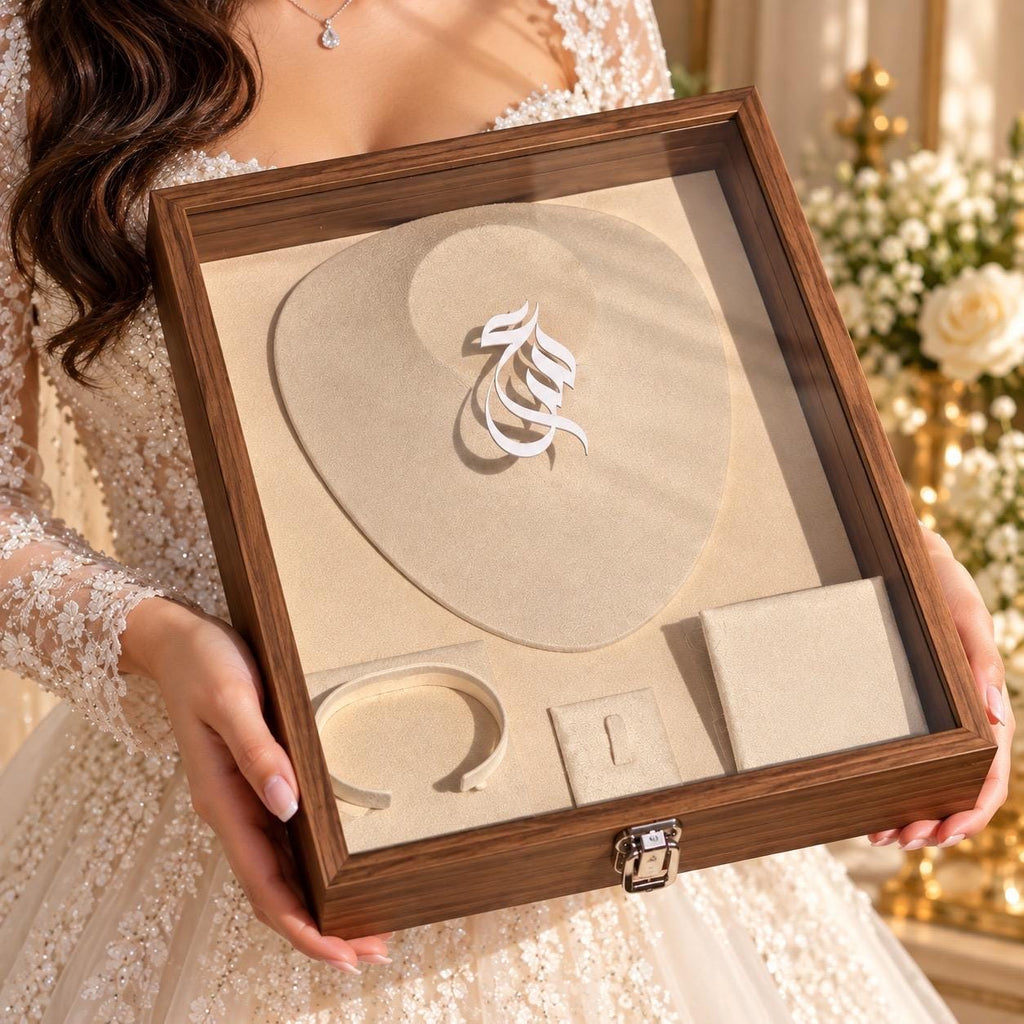 Personalized Wooden Jewelry Box, Glass Lid, Velvet Interior, Arabic Name (Bride Gift)