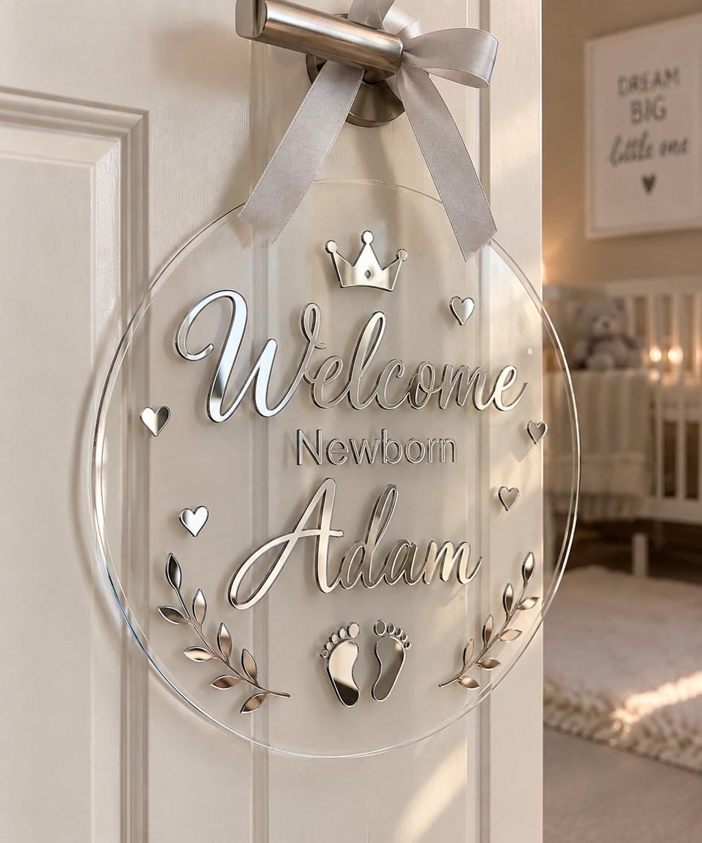 Personalized Acrylic Baby Name Sign, Mirror Gold Nursery Door Plaque (12" Diameter)
