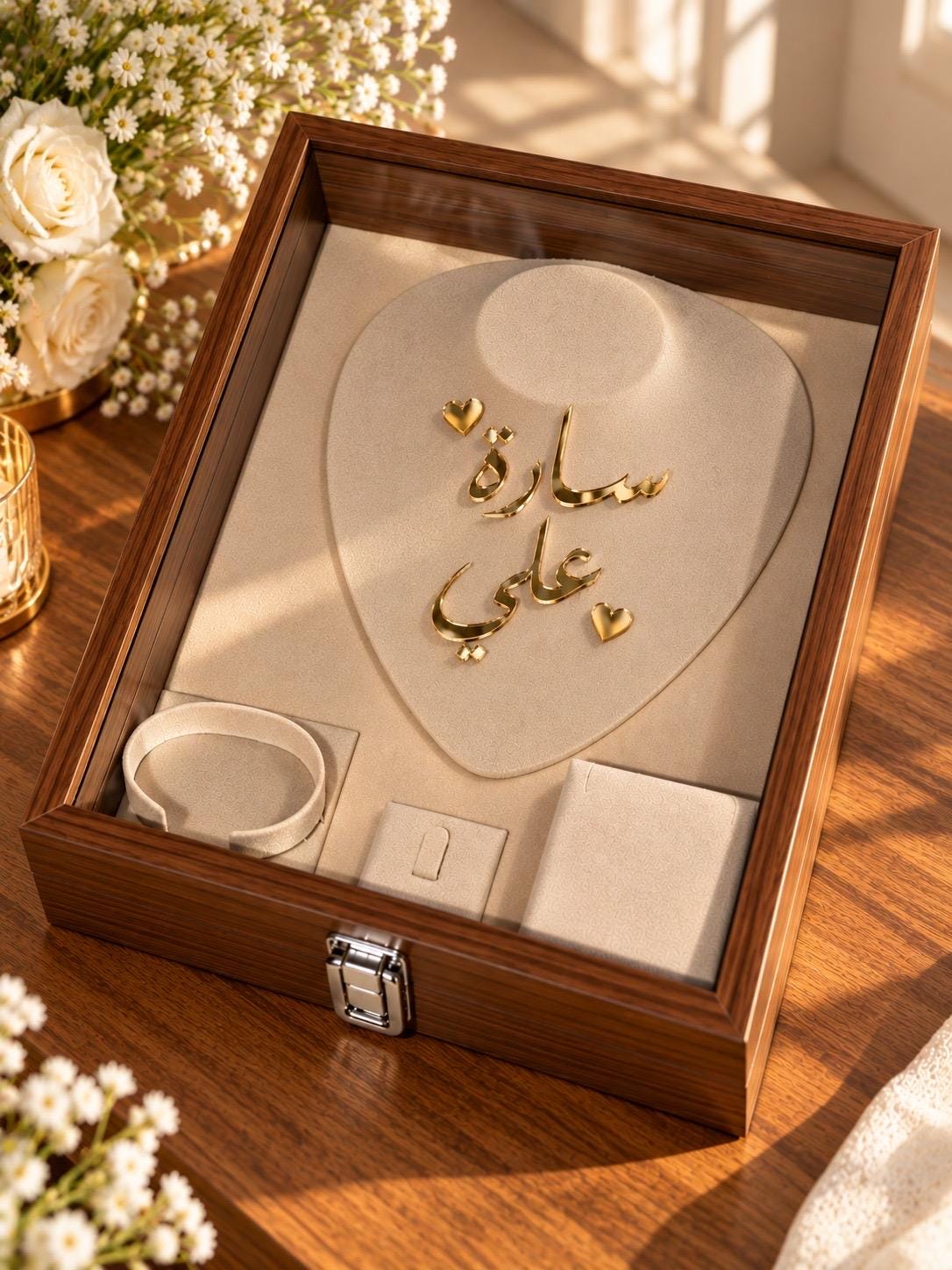 Personalized Wooden Jewelry Box, Glass Lid, Velvet Interior, Arabic Name (Bride Gift)