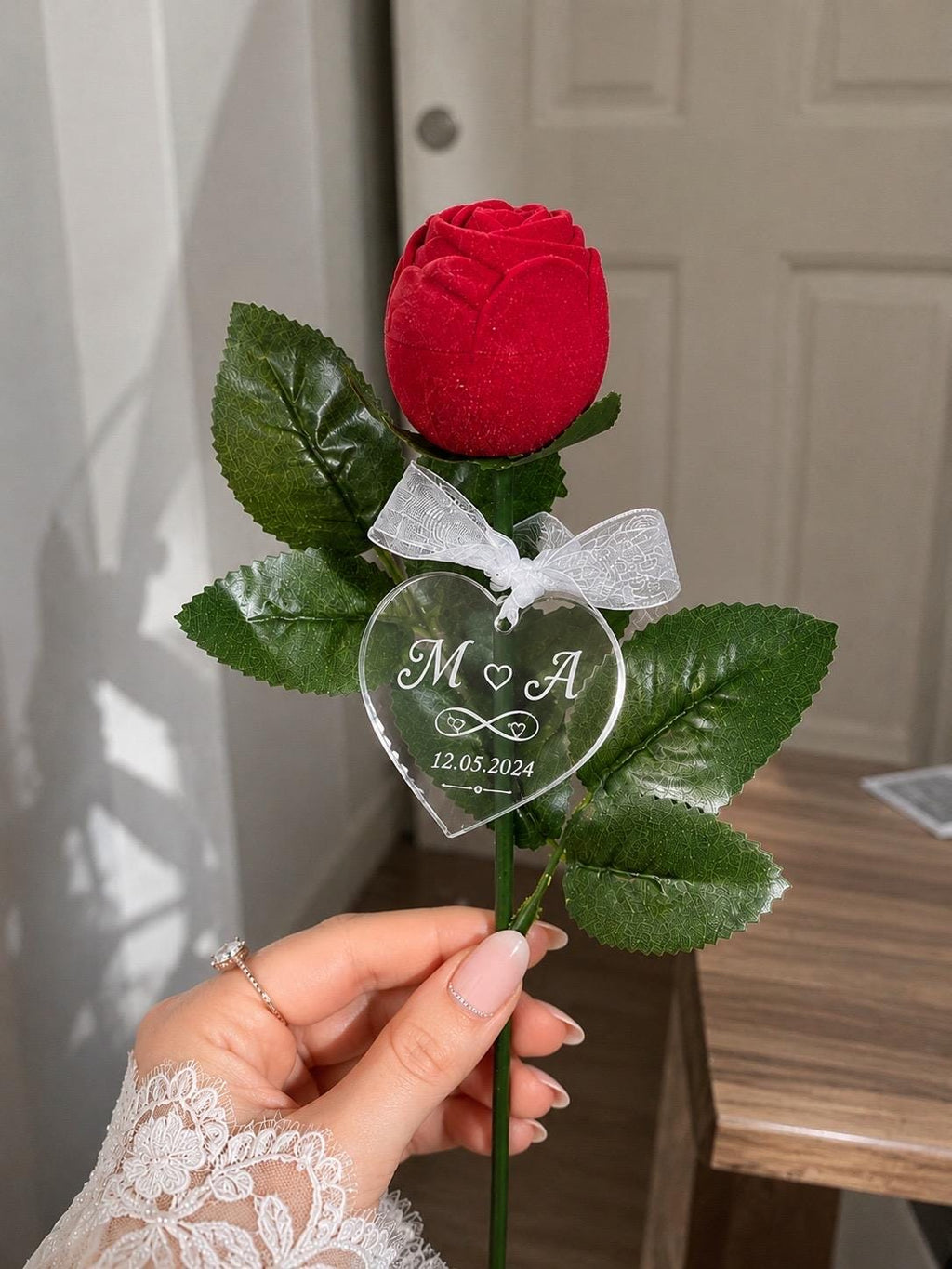 Personalized Rose Ring Box, Custom Engagement Proposal Gift, Engraved Acrylic Tag