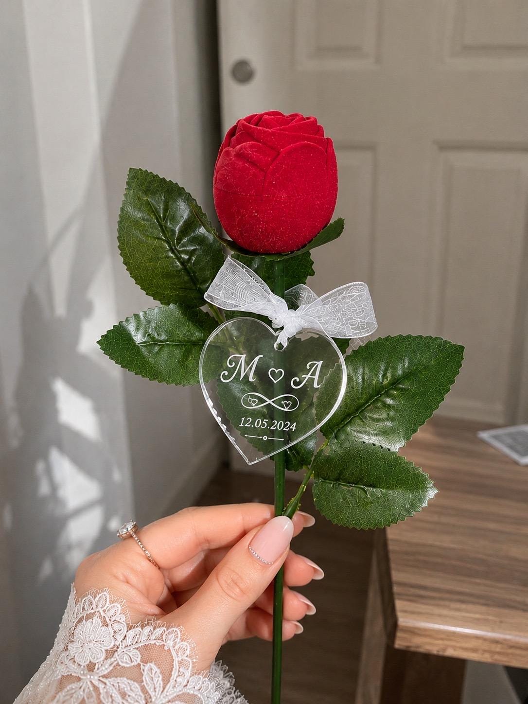Personalized Rose Ring Box, Custom Engagement Proposal Gift, Engraved Acrylic Tag