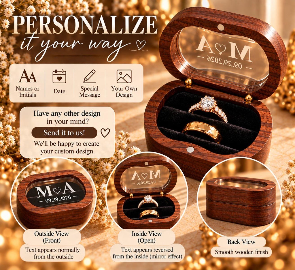 Personalized Wooden Double Ring Box, Custom Initials & Date, Velvet Interior (Proposal Gift)