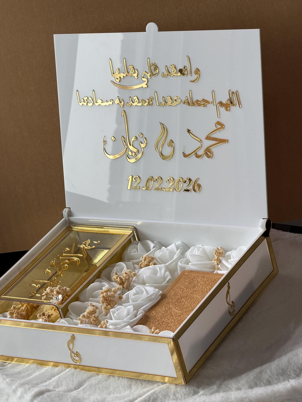 Personalized Acrylic Mahr Box | Islamic Wedding Gift, Quran & Cash Holder, Flowers