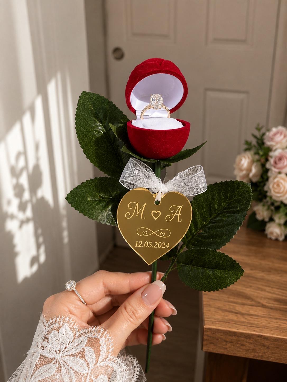 Personalized Rose Ring Box, Custom Engagement Proposal Gift, Engraved Acrylic Tag