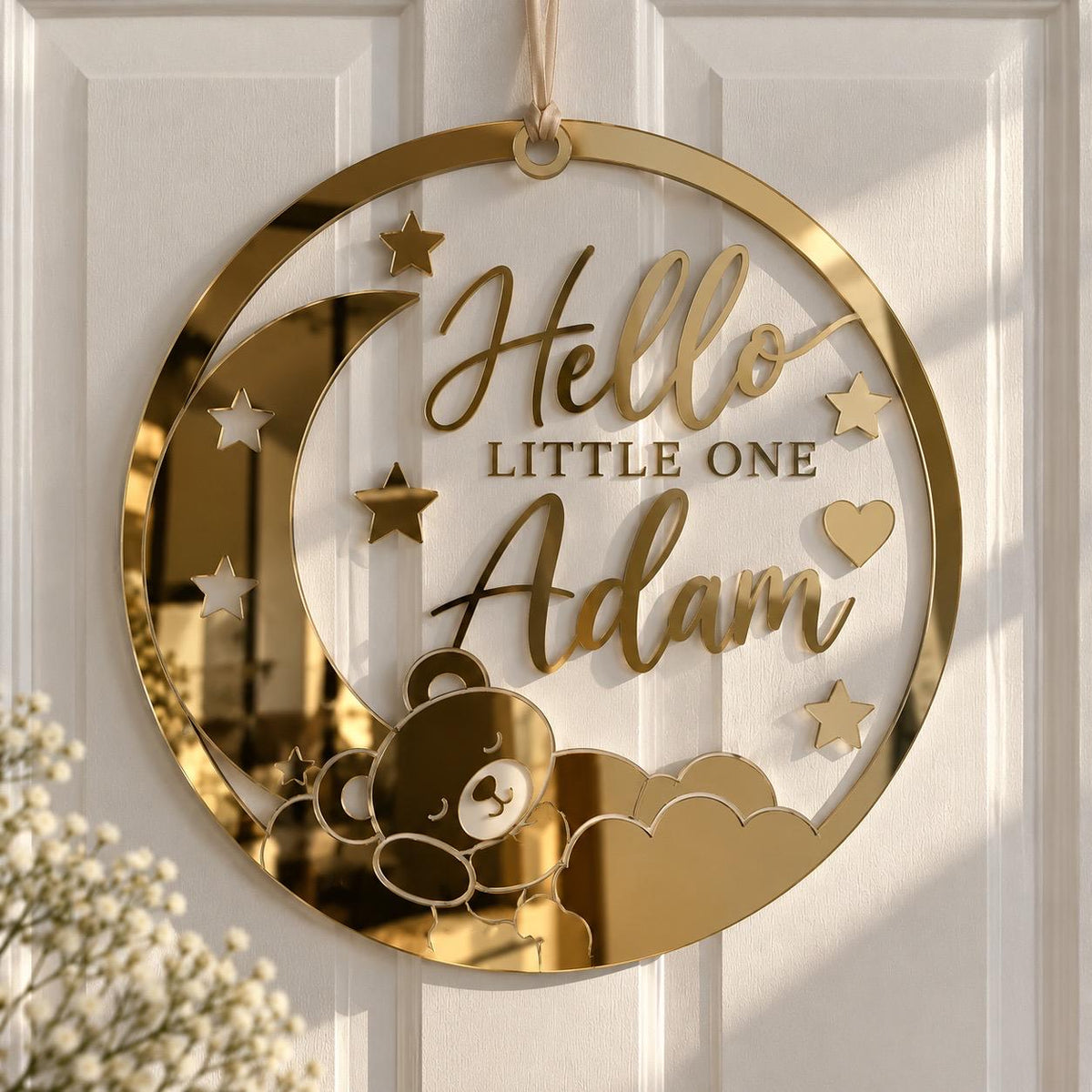 Personalized Acrylic Baby Name Sign, Mirror Gold Nursery Door Plaque (12" Diameter)