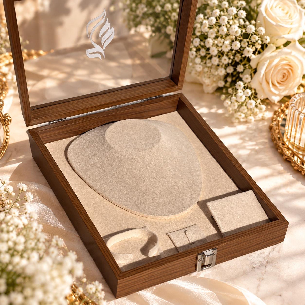 Personalized Wooden Jewelry Box, Glass Lid, Velvet Interior, Arabic Name (Bride Gift)