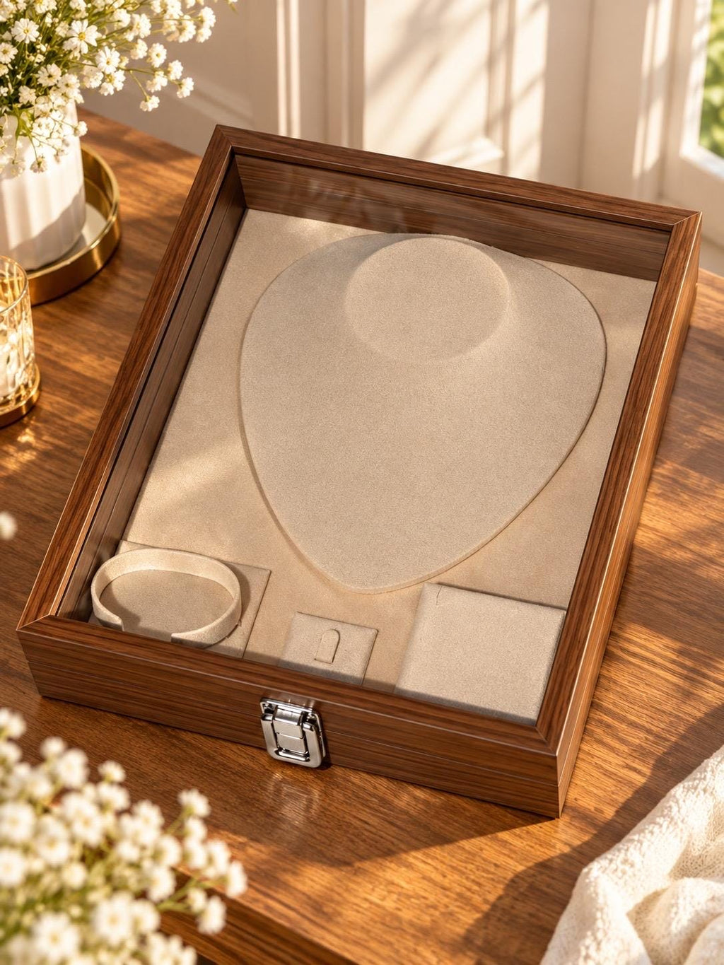 Personalized Wooden Jewelry Box, Glass Lid, Velvet Interior, Arabic Name (Bride Gift)