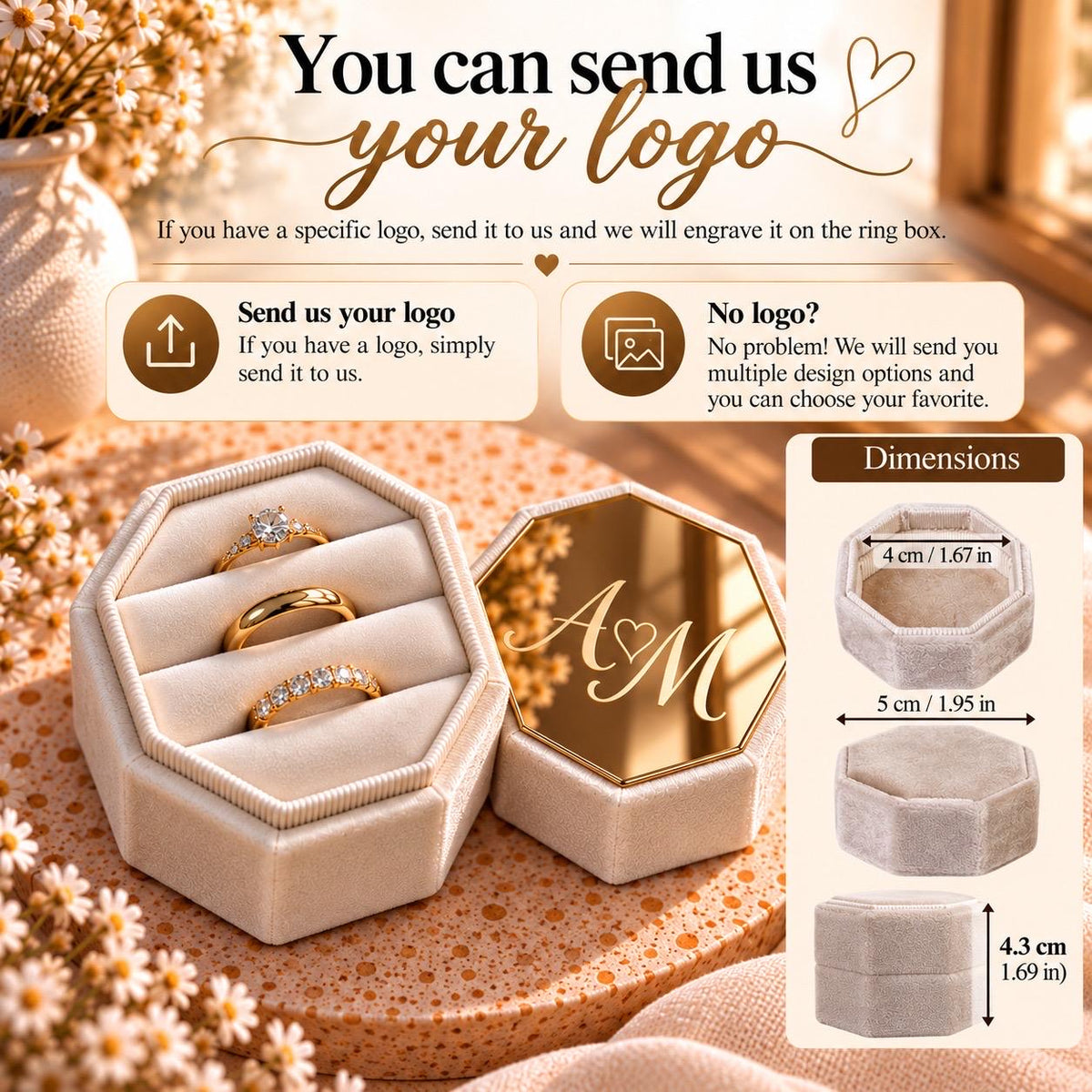 Personalized Velvet Ring Box, Custom Engraved Acrylic, 3-Slot Wedding Ring Holder