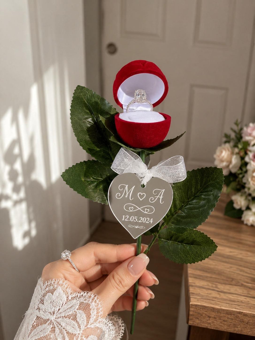 Personalized Rose Ring Box, Custom Engagement Proposal Gift, Engraved Acrylic Tag