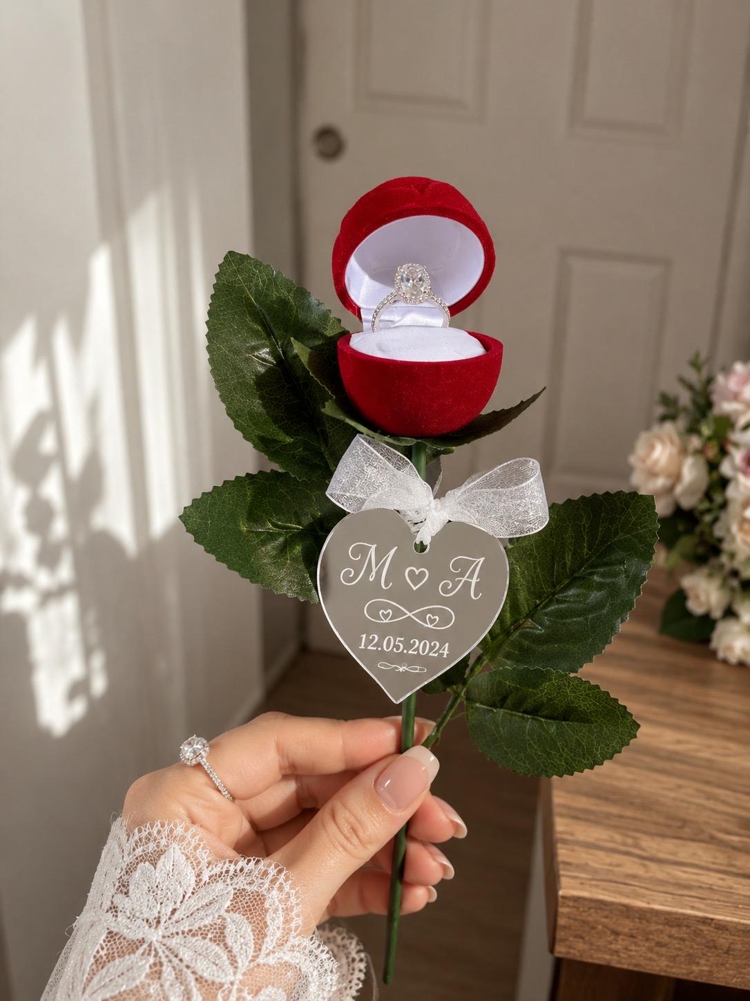 Personalized Rose Ring Box, Custom Engagement Proposal Gift, Engraved Acrylic Tag