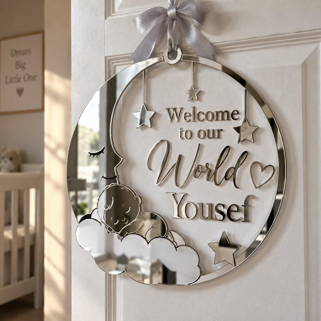 Personalized Acrylic Baby Name Sign, Mirror Gold Nursery Door Plaque (12" Diameter)