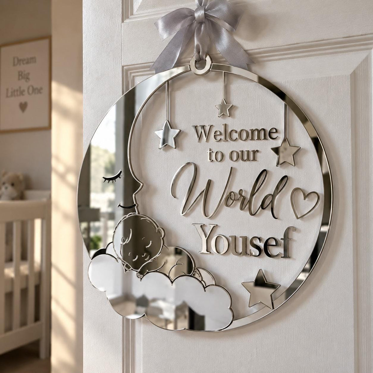 Personalized Acrylic Baby Name Sign, Mirror Gold Nursery Door Plaque (12" Diameter)