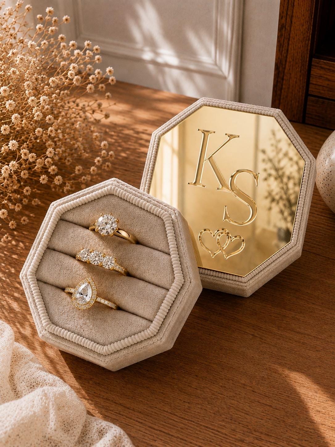 Personalized Velvet Ring Box, Custom Engraved Acrylic, 3-Slot Wedding Ring Holder