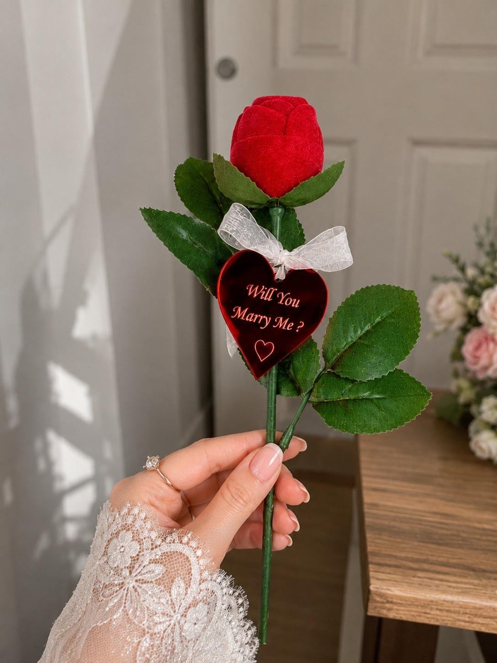 Personalized Rose Ring Box, Custom Engagement Proposal Gift, Engraved Acrylic Tag