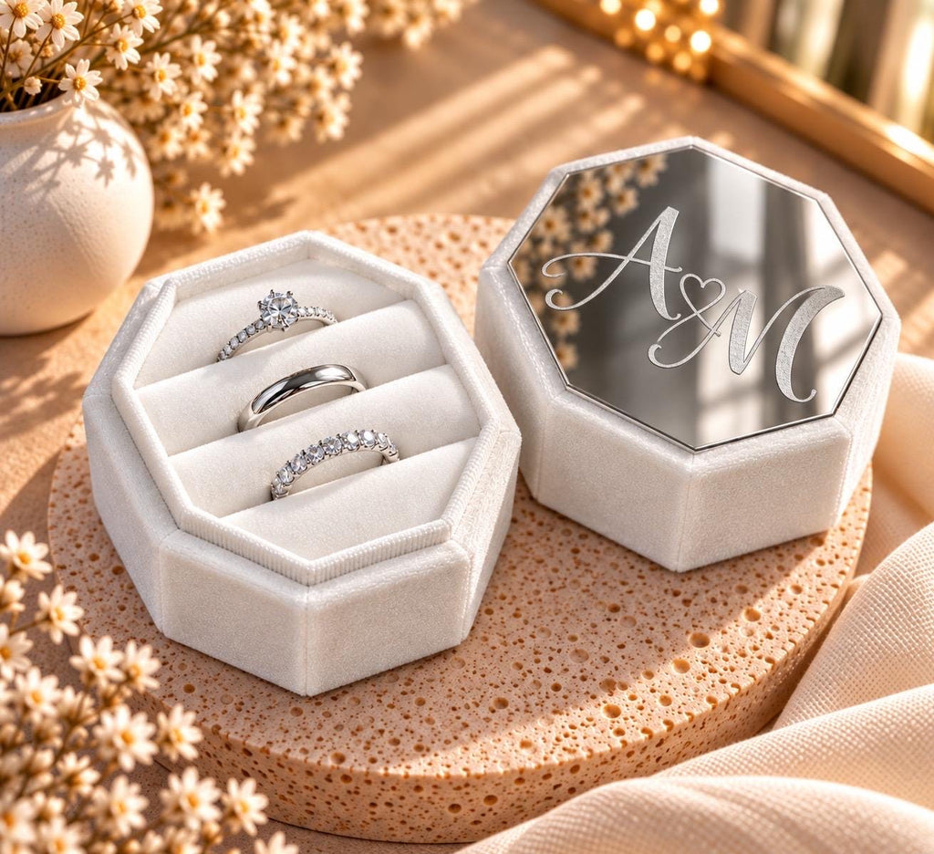 Personalized Velvet Ring Box, Custom Engraved Acrylic, 3-Slot Wedding Ring Holder