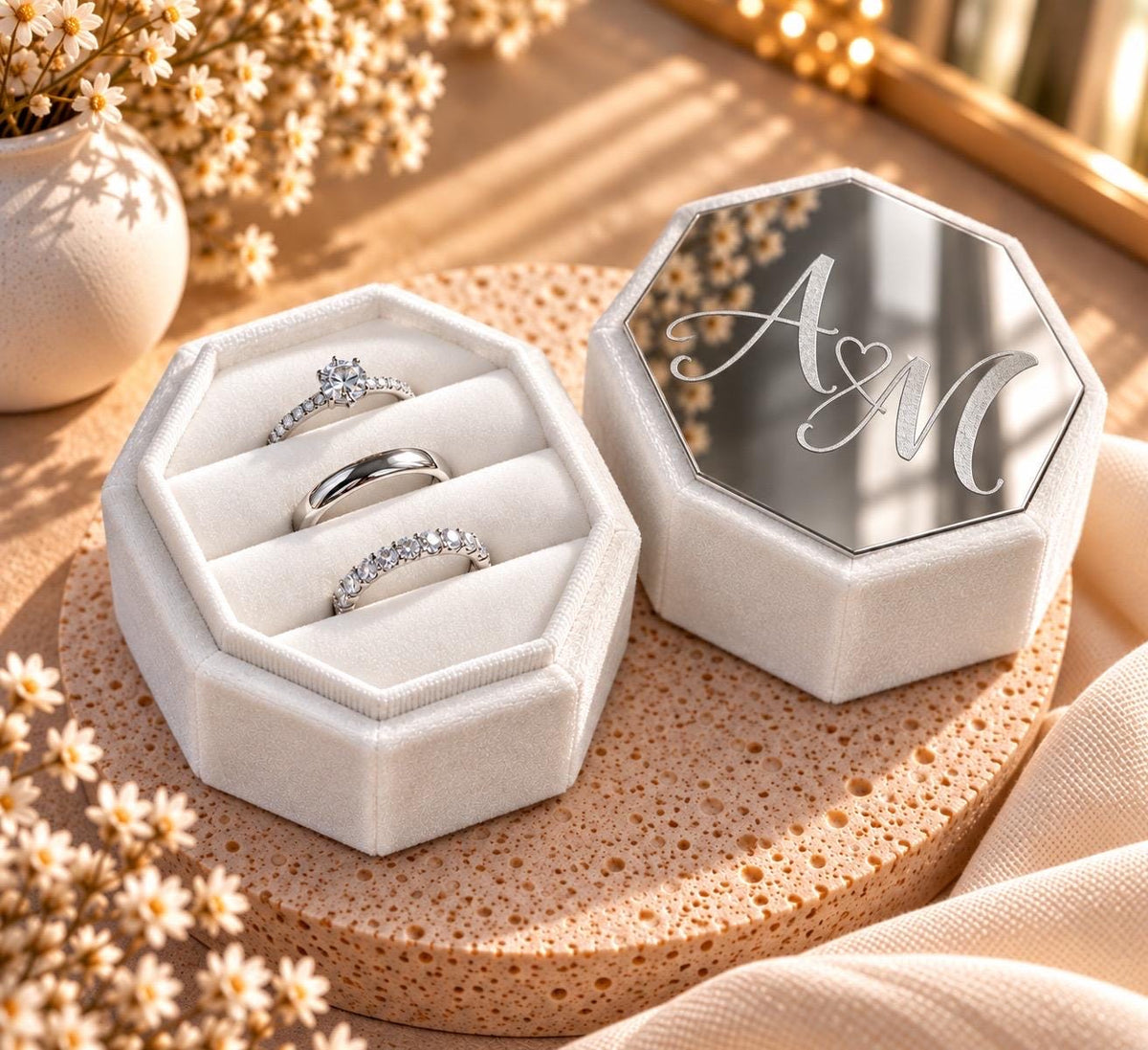Personalized Velvet Ring Box, Custom Engraved Acrylic, 3-Slot Wedding Ring Holder