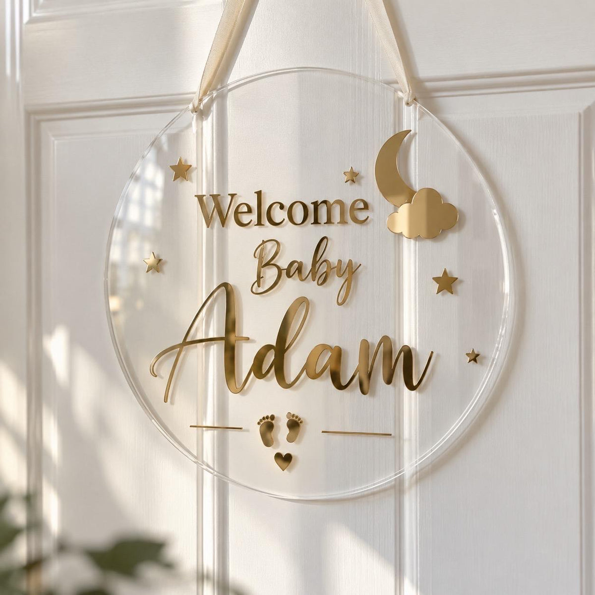 Personalized Acrylic Baby Name Sign, Mirror Gold Nursery Door Plaque (12" Diameter)