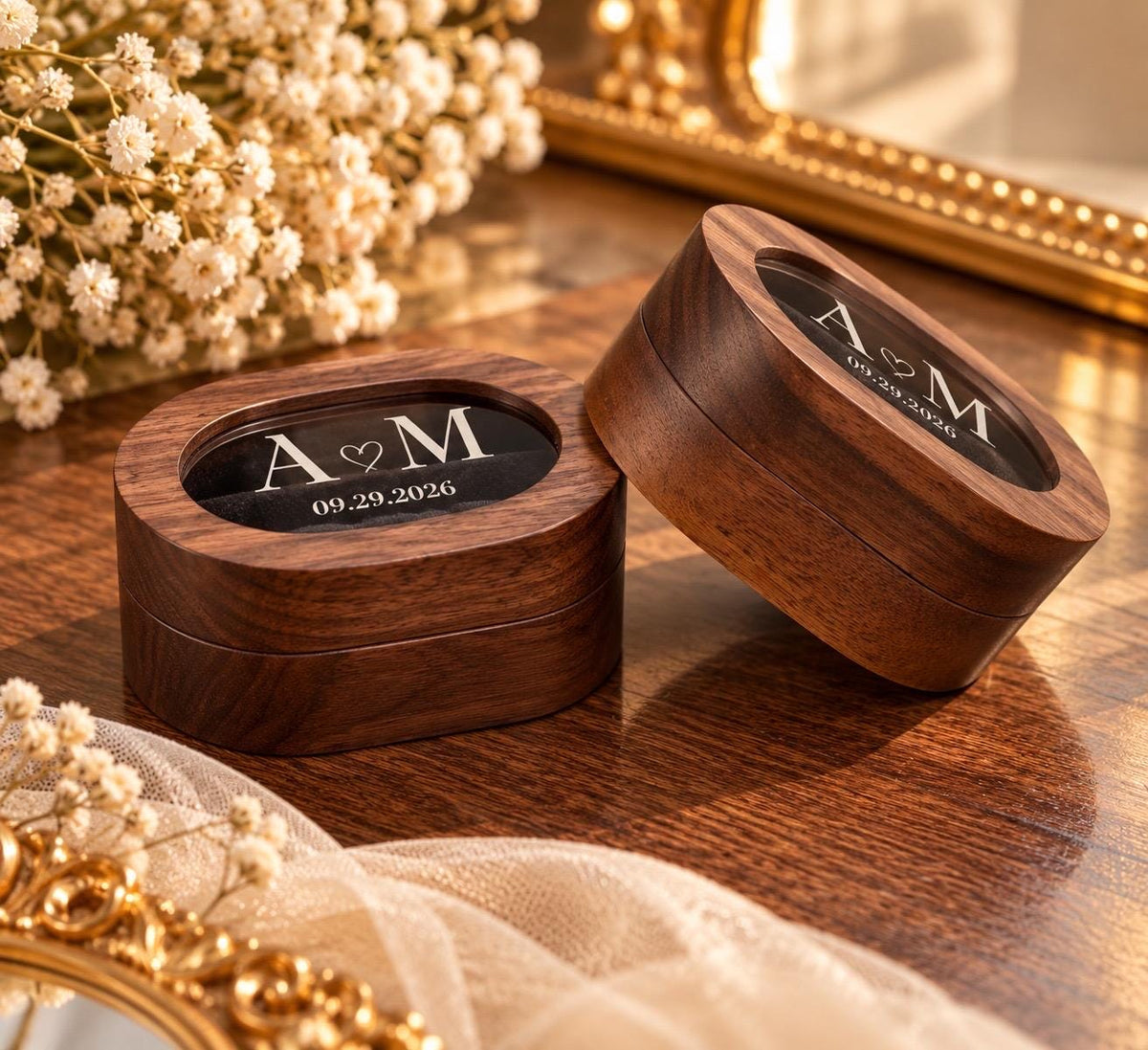 Personalized Wooden Double Ring Box, Custom Initials & Date, Velvet Interior (Proposal Gift)