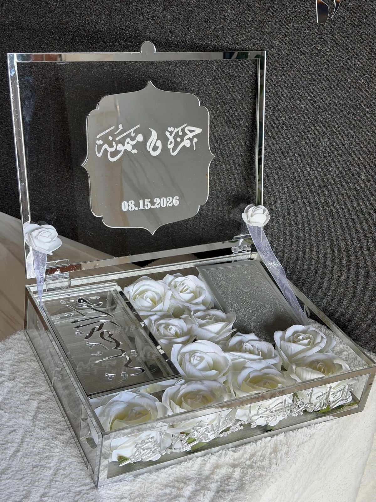 Personalized Acrylic Mahr Box | Islamic Wedding Gift, Quran & Cash Holder, Flowers