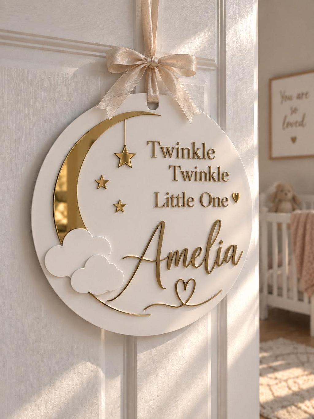 Personalized Acrylic Baby Name Sign, Mirror Gold Nursery Door Plaque (12" Diameter)