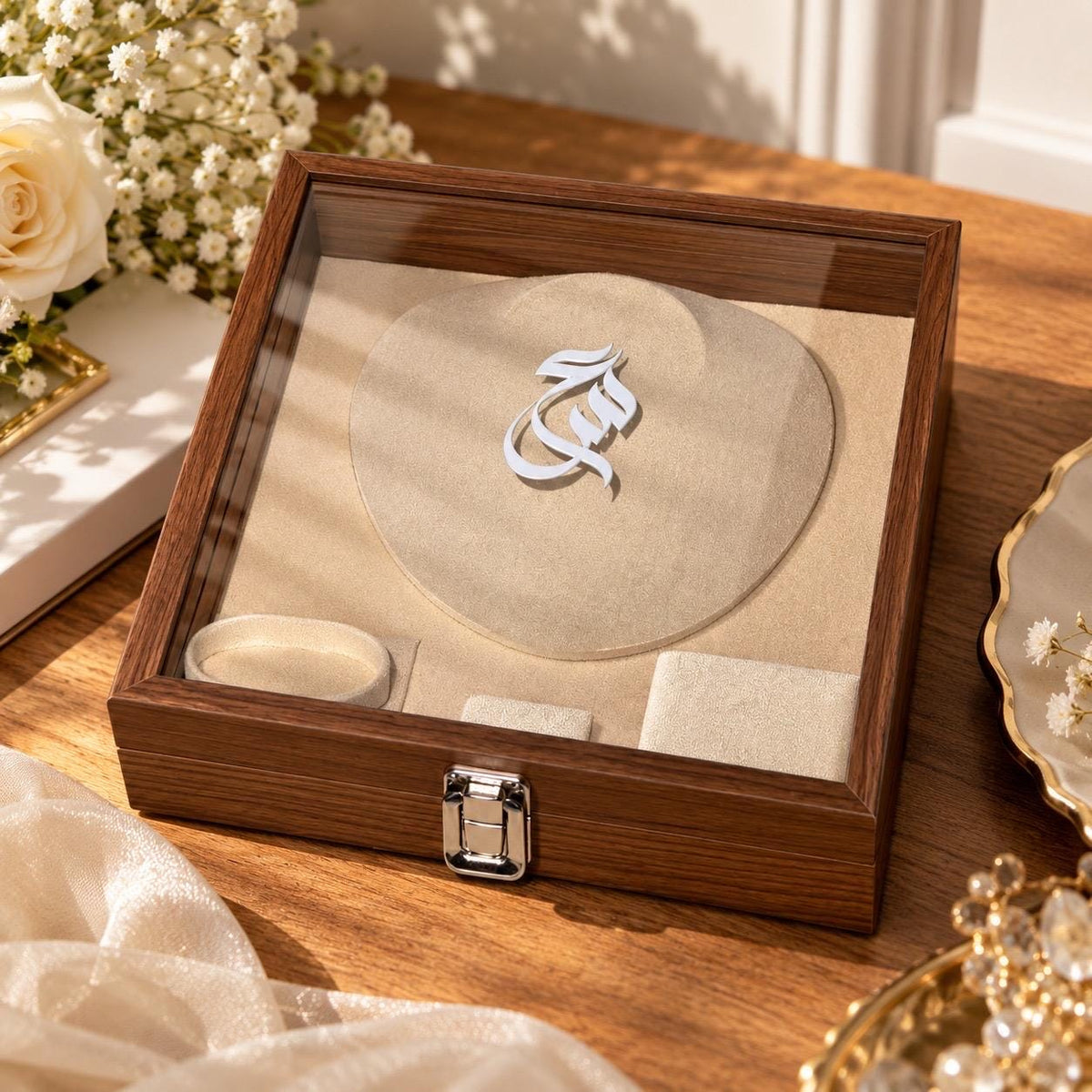 Personalized Wooden Jewelry Box, Glass Lid, Velvet Interior, Arabic Name (Bride Gift)