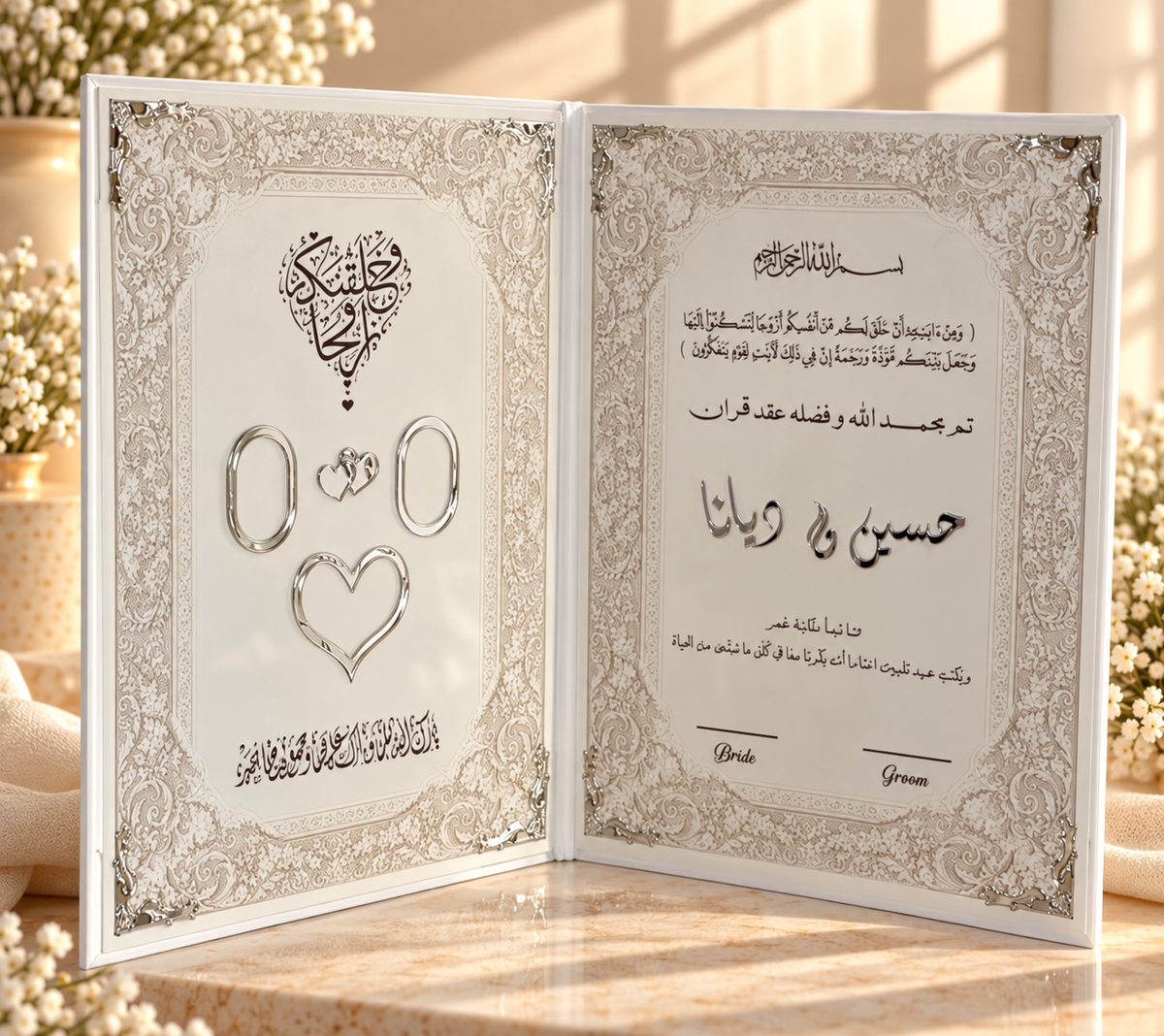 Personalized Luxury Nikah Book Set with Feather Pen & Fingerprint Ink Box – Custom Islamic Marriage Contract, Arabic Wedding Keepsake
