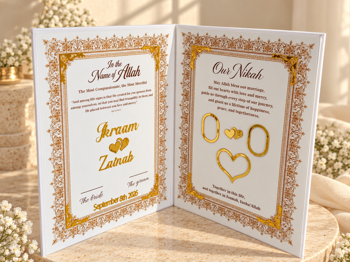 Personalized Luxury Nikah Book Set with Feather Pen & Fingerprint Ink Box – Custom Islamic Marriage Contract, Arabic Wedding Keepsake