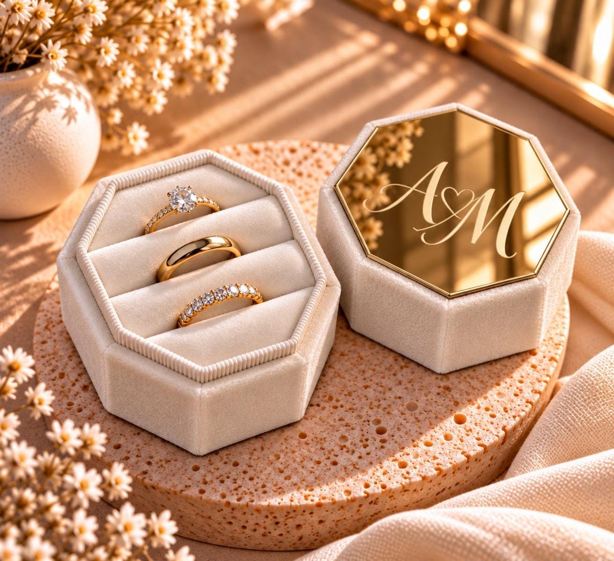Personalized Velvet Ring Box, Custom Engraved Acrylic, 3-Slot Wedding Ring Holder