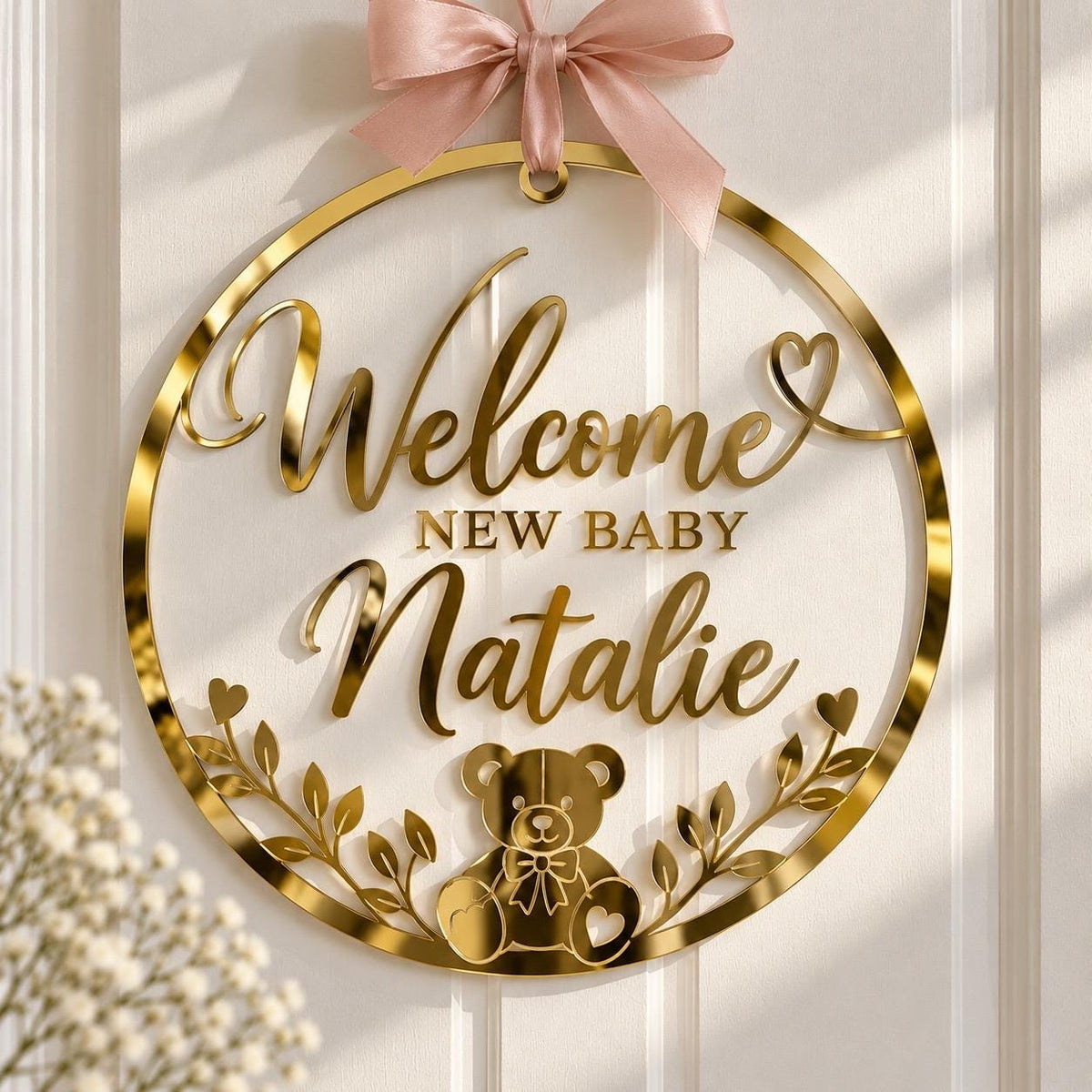 Personalized Acrylic Baby Name Sign, Mirror Gold Nursery Door Plaque (12" Diameter)