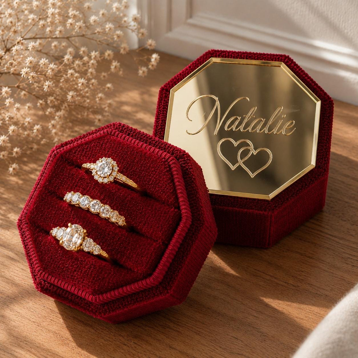 Personalized Velvet Ring Box, Custom Engraved Acrylic, 3-Slot Wedding Ring Holder