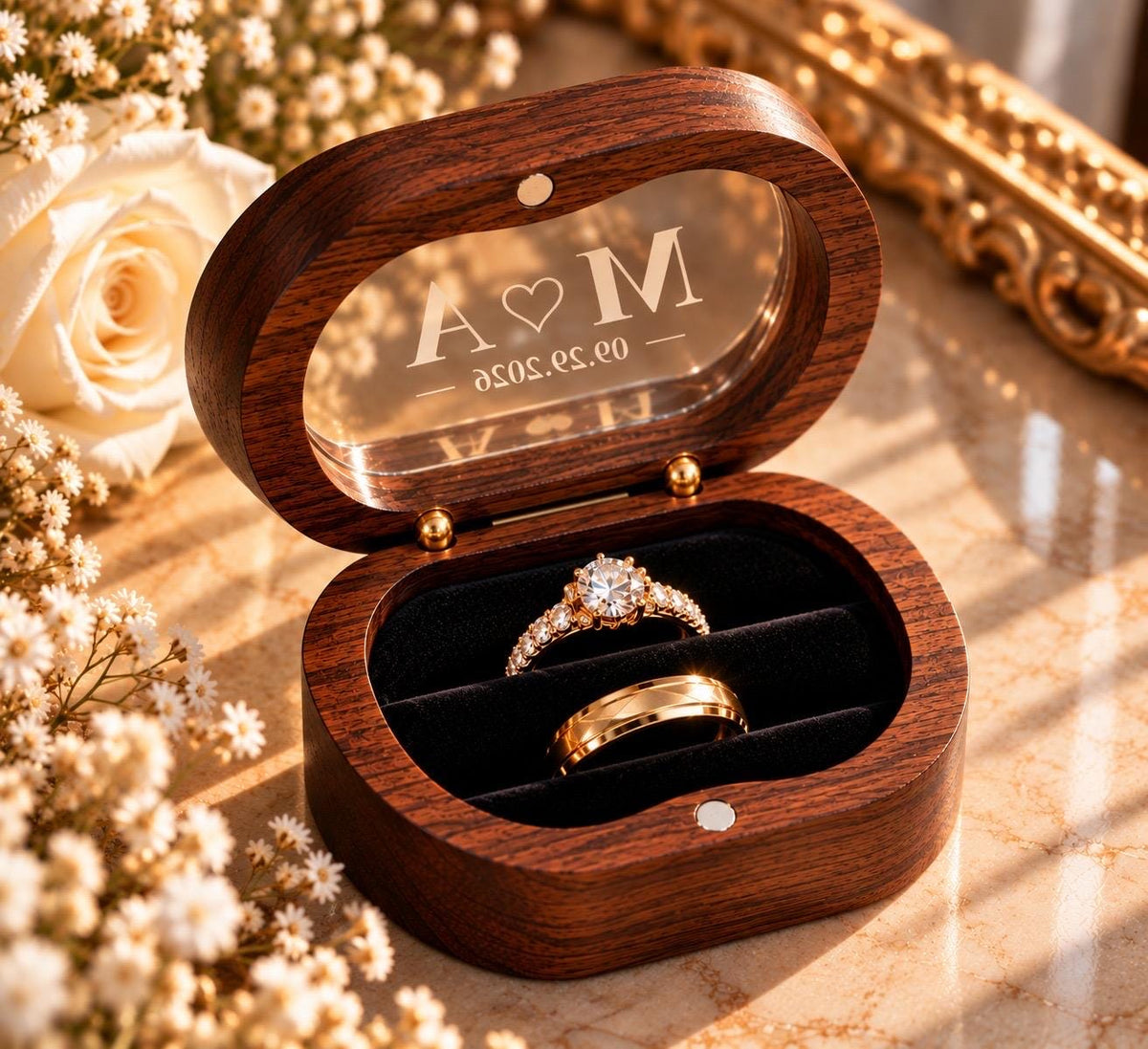 Personalized Wooden Double Ring Box, Custom Initials & Date, Velvet Interior (Proposal Gift)