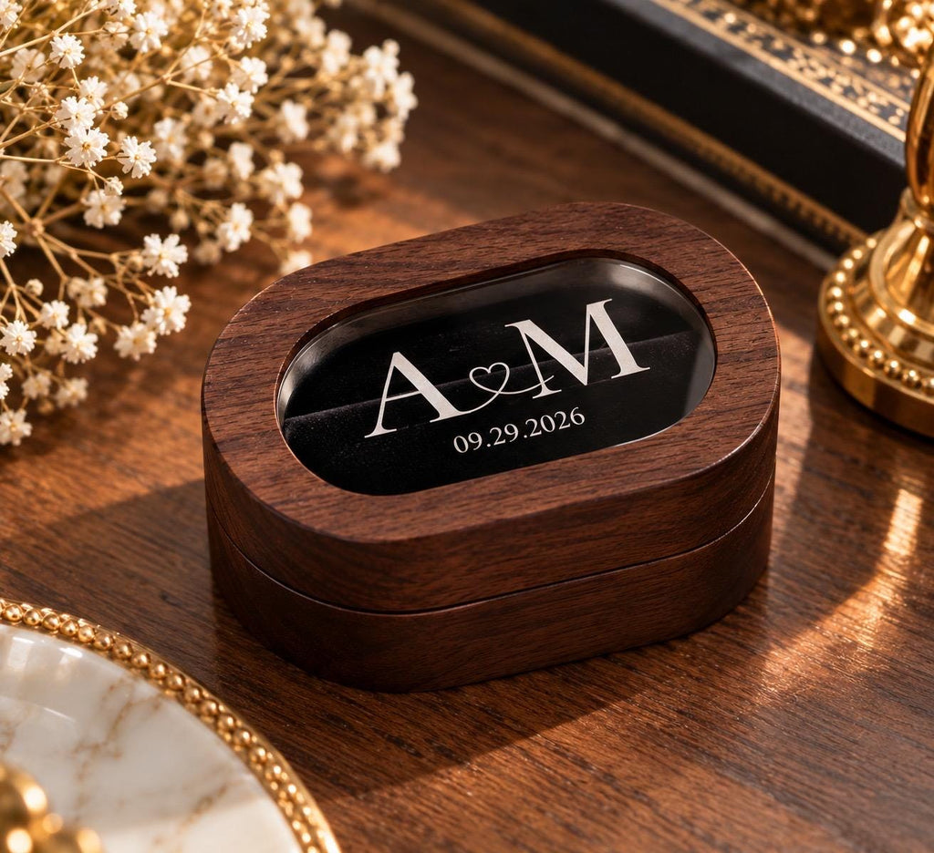 Personalized Wooden Double Ring Box, Custom Initials & Date, Velvet Interior (Proposal Gift)