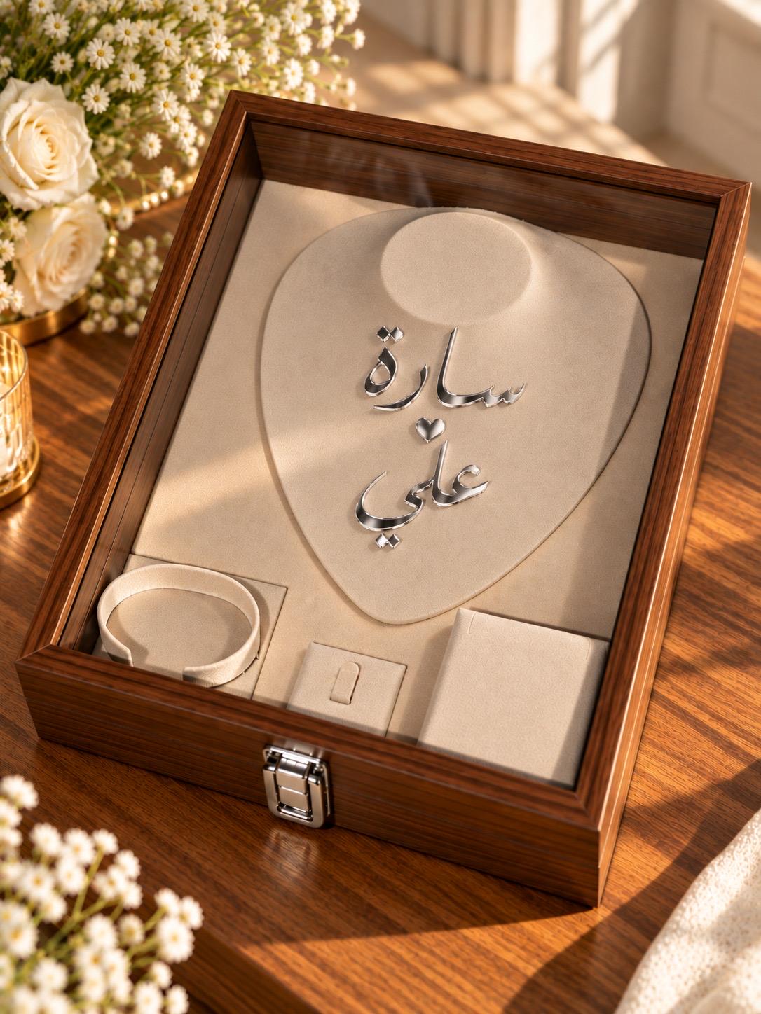 Personalized Wooden Jewelry Box, Glass Lid, Velvet Interior, Arabic Name (Bride Gift)