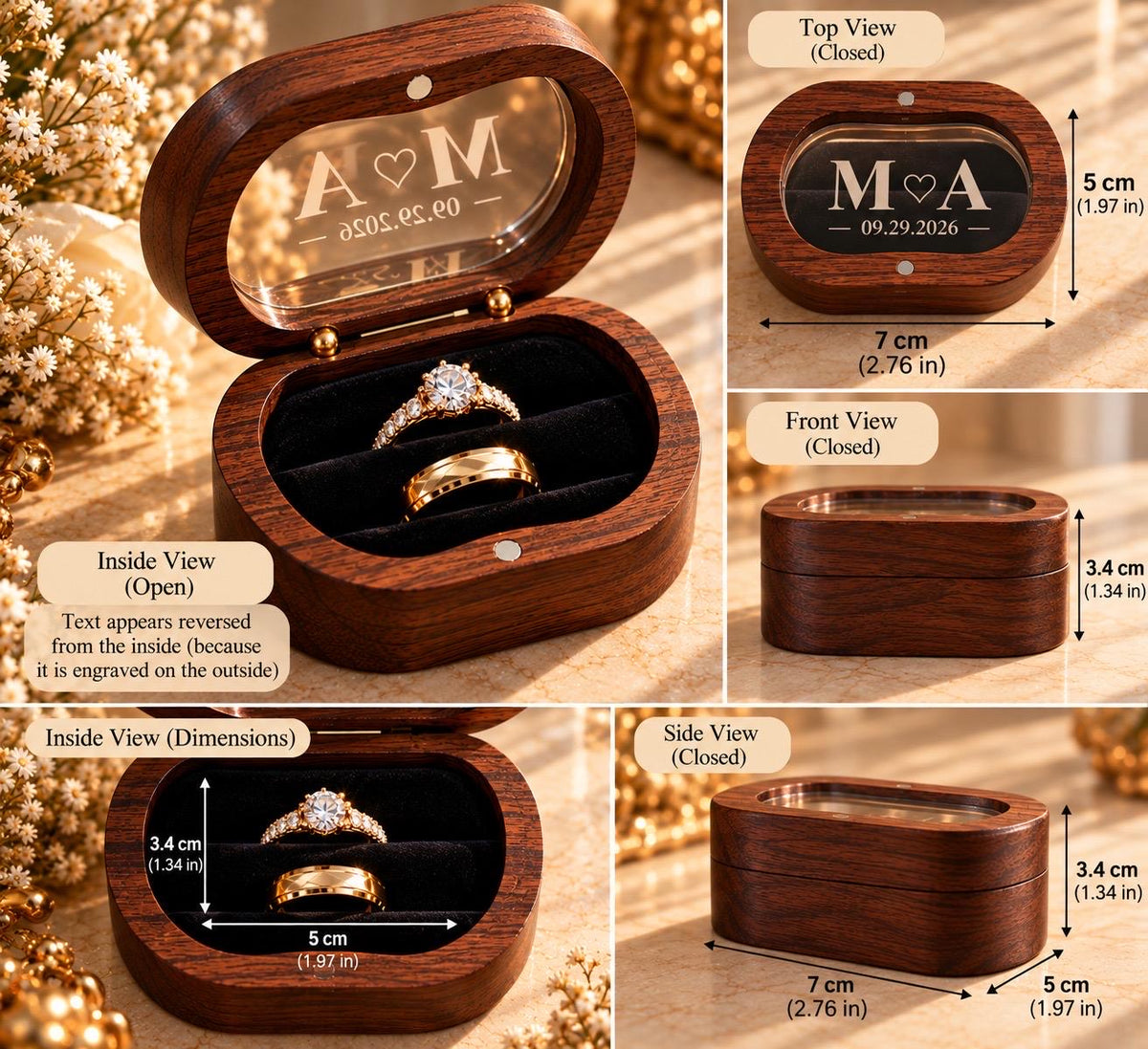 Personalized Wooden Double Ring Box, Custom Initials & Date, Velvet Interior (Proposal Gift)