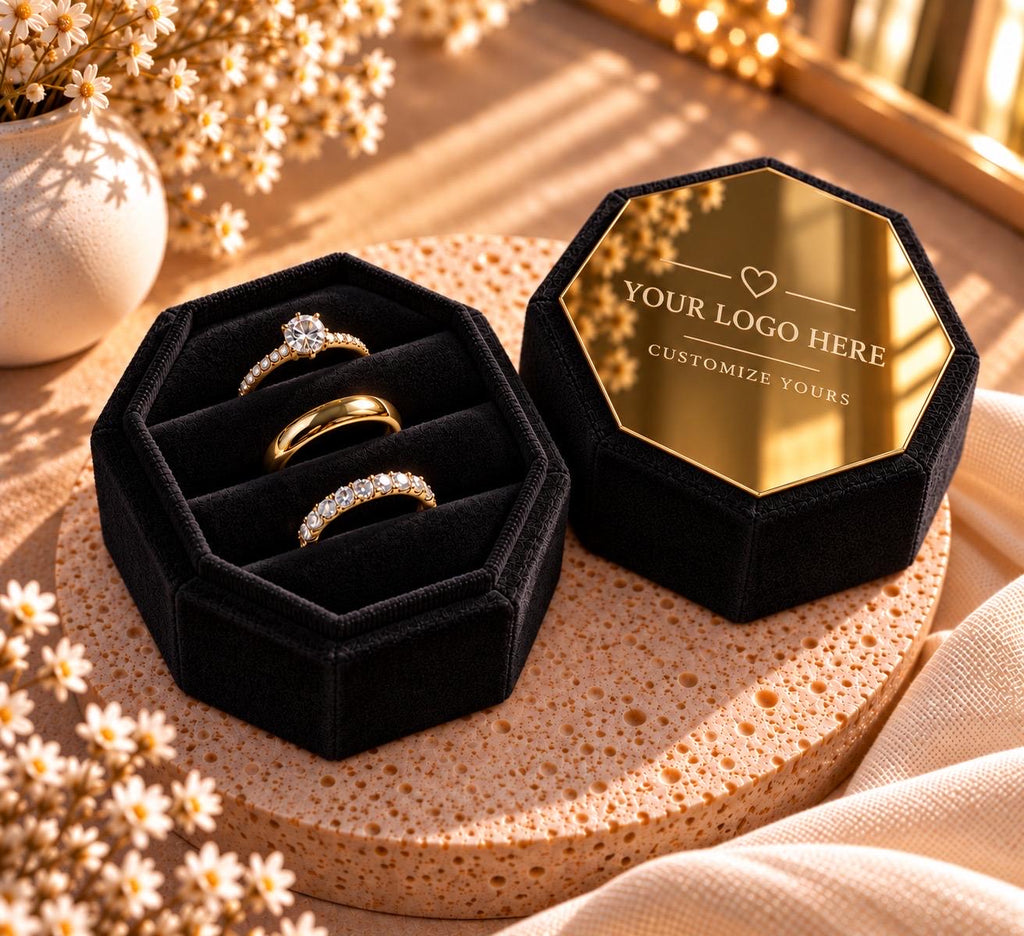 Personalized Velvet Ring Box, Custom Engraved Acrylic, 3-Slot Wedding Ring Holder