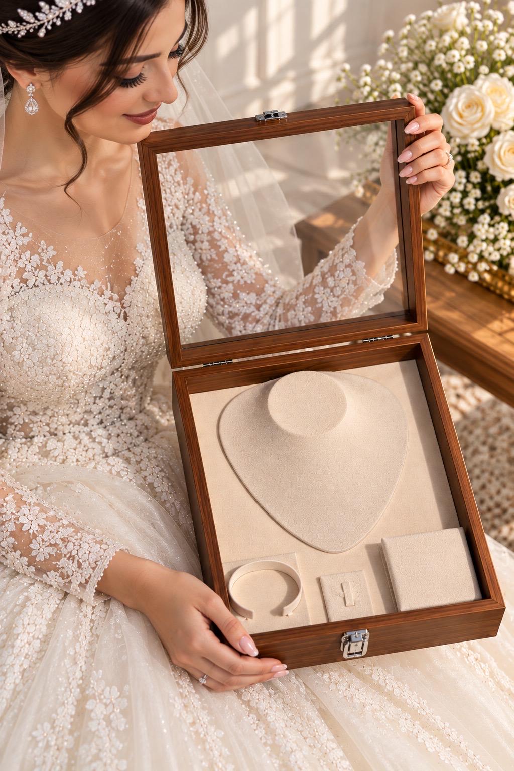 Personalized Wooden Jewelry Box, Glass Lid, Velvet Interior, Arabic Name (Bride Gift)