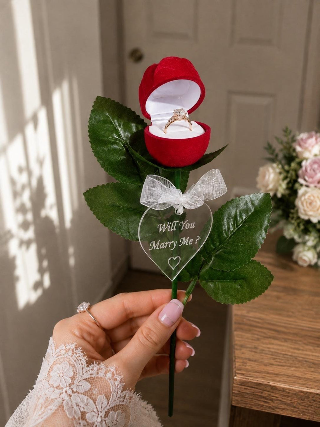 Personalized Rose Ring Box, Custom Engagement Proposal Gift, Engraved Acrylic Tag
